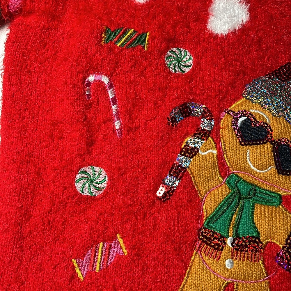 Holiday Time L (10-12) Sequined,gingerbread man,eyelash embroidered sweater. EUC - Picture 4 of 5